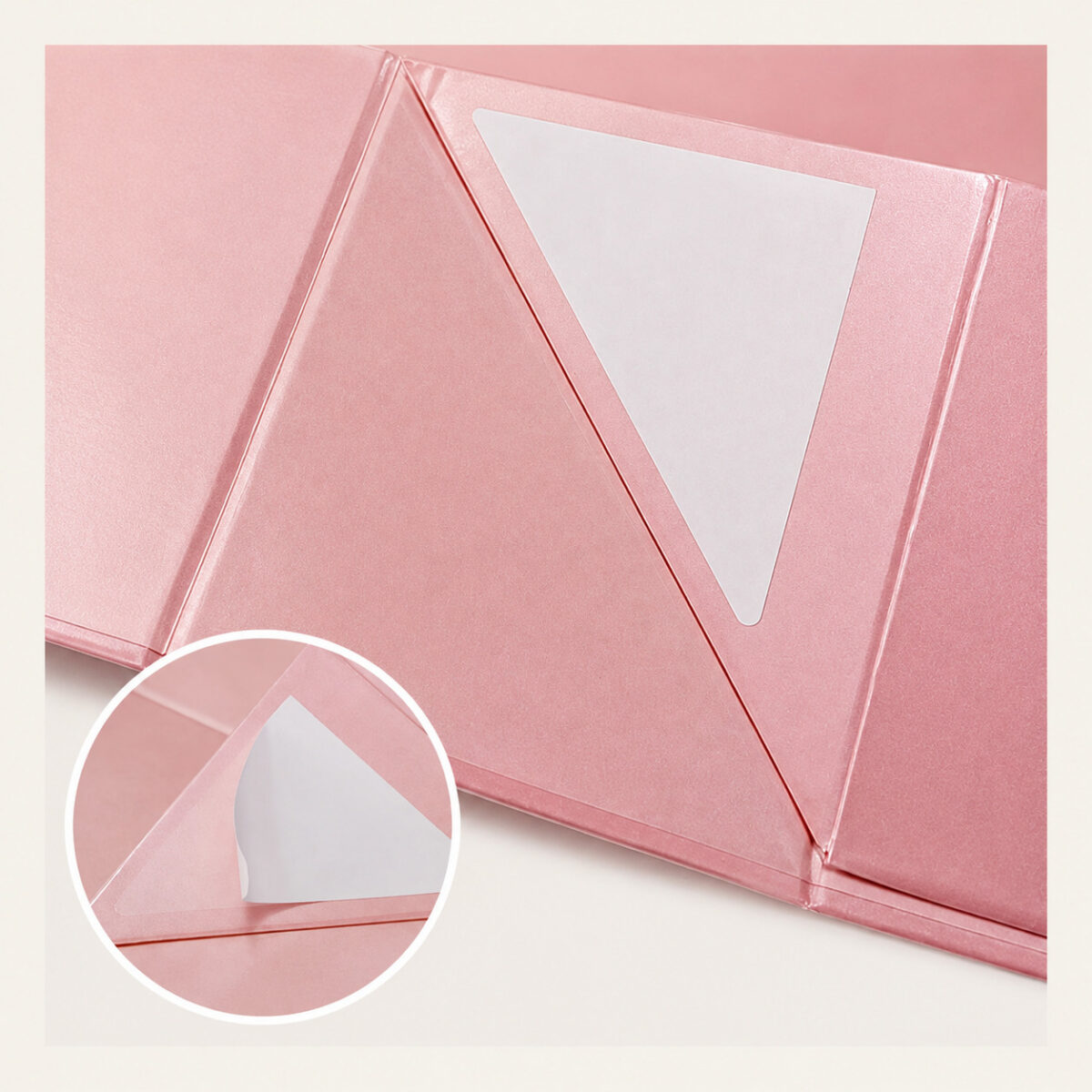 Pink folding gift-box corner and triangular adhesive liner with a peeling detail inset