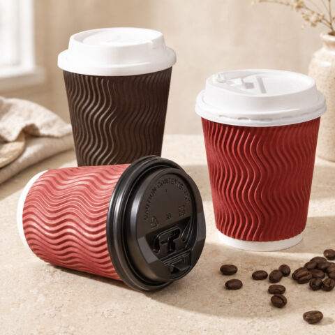 Three wavy-rib takeaway cups with white lids and a black lid marked 38 on the front red cup
