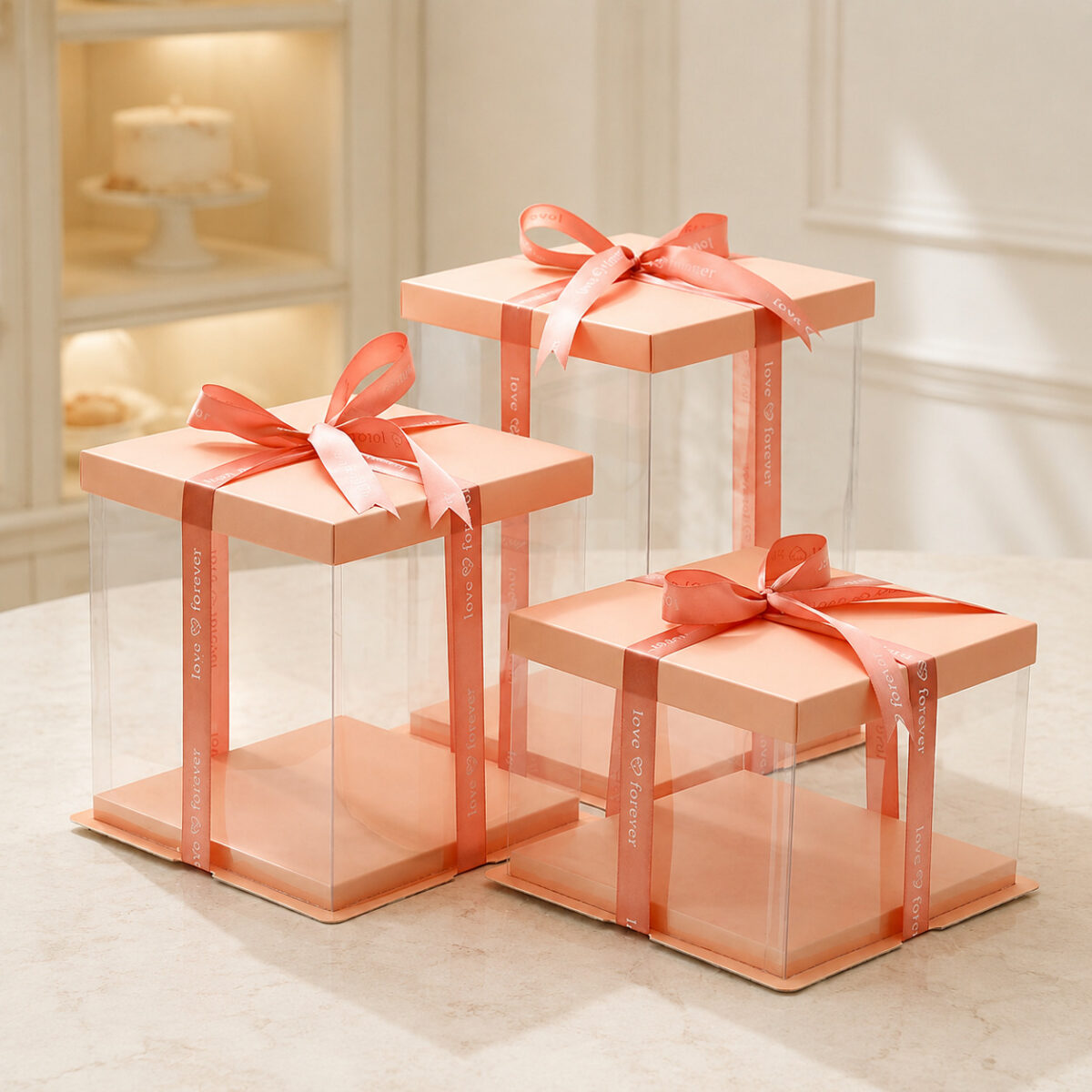 Three empty clear square cake boxes in different heights with coral lids, bases and love forever ribbons