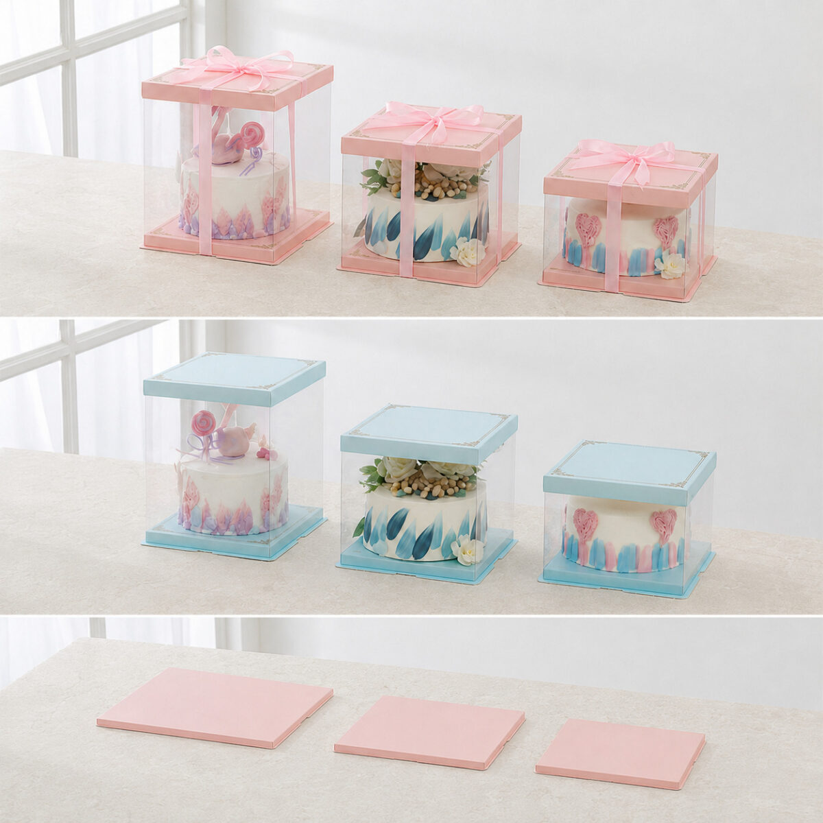 Pink and blue clear square cake box size comparison with three separate plain pink flat components