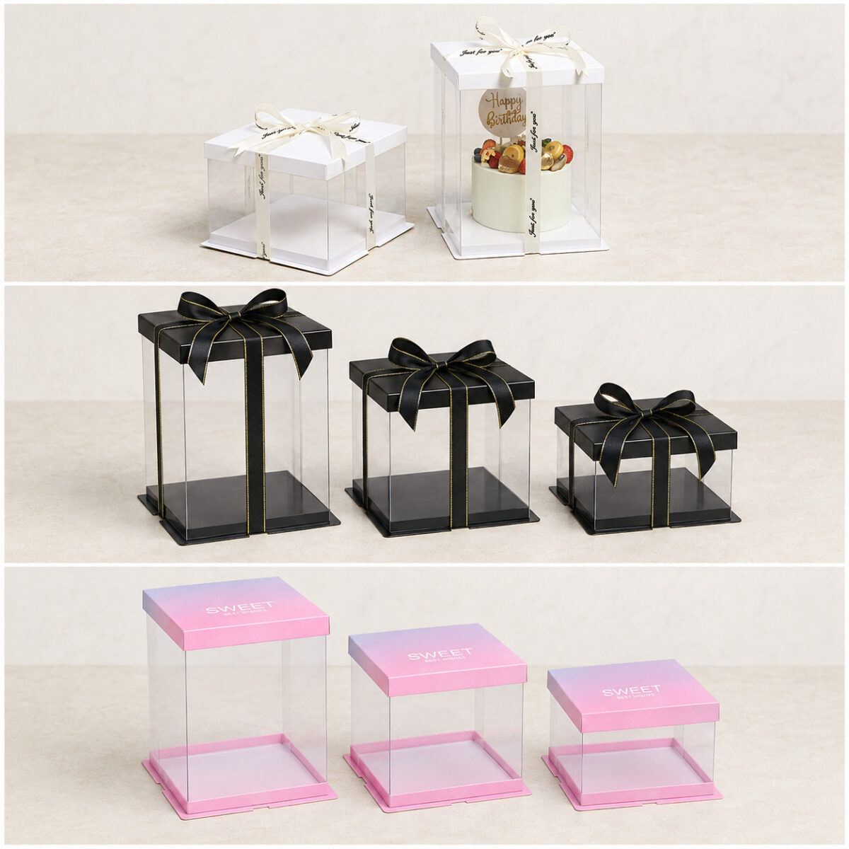 Clear square cake box comparison showing two white, three black and three pink presentations