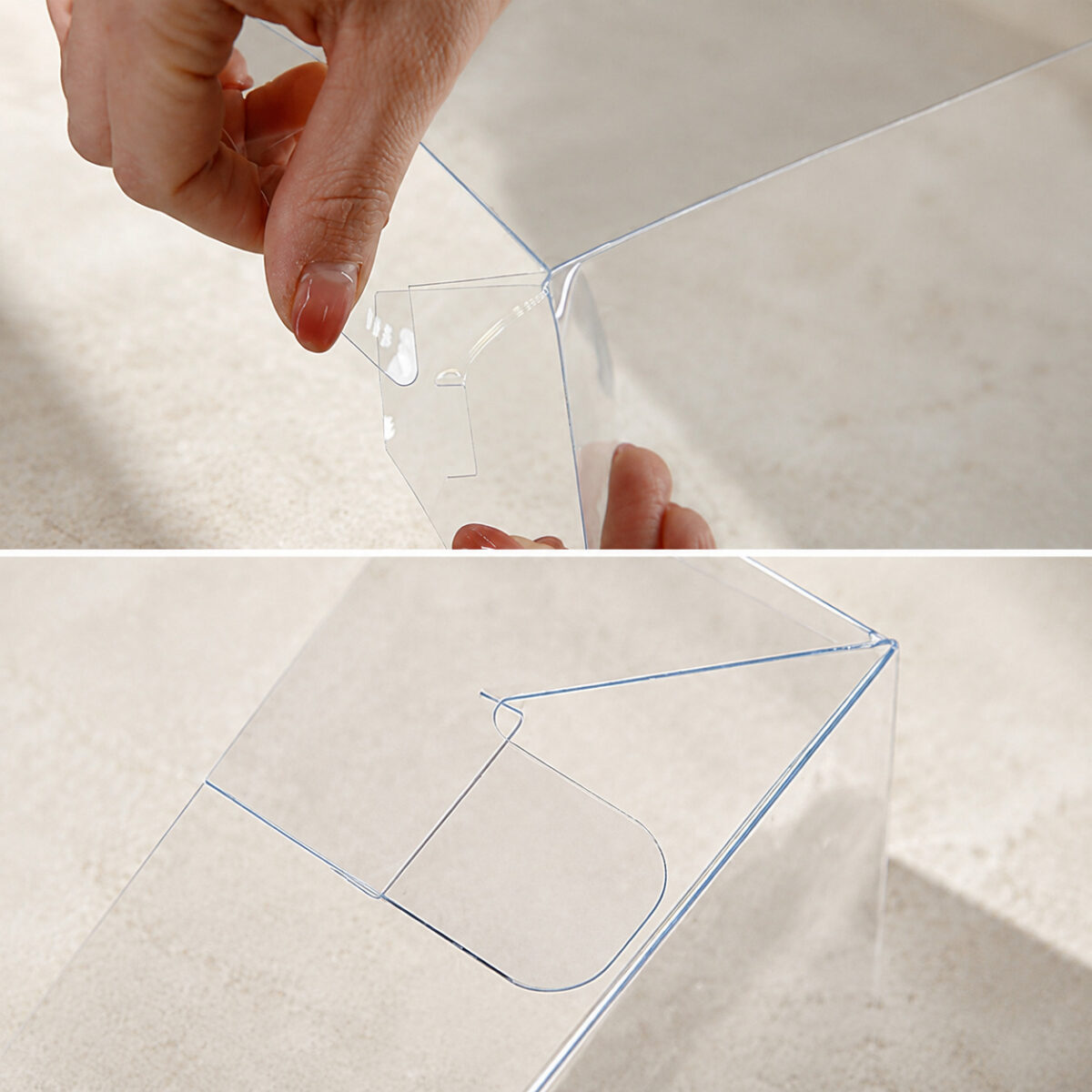 Two close-up views of a clear cake box locking tab, cut slot and folded corner