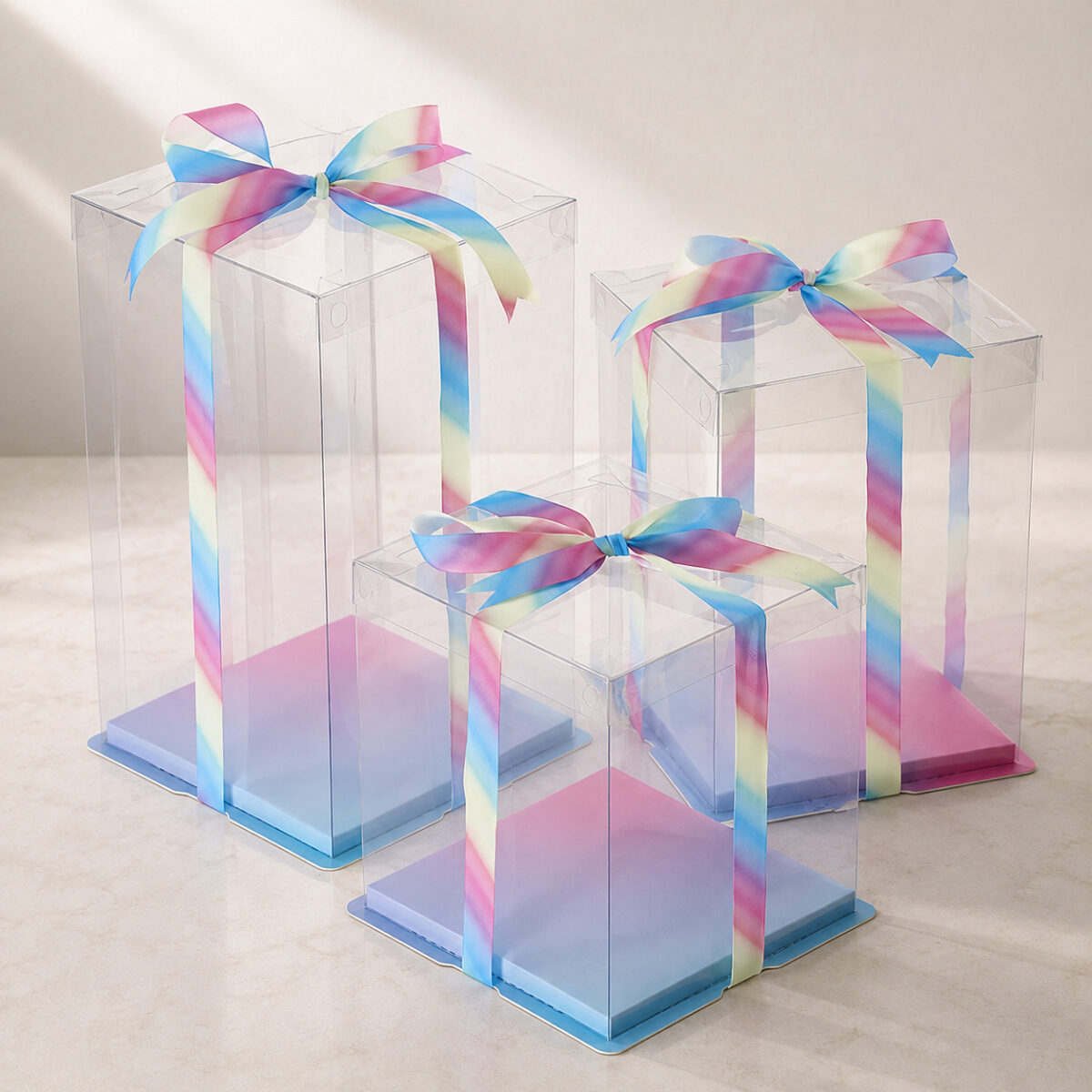 Three empty clear square cake boxes in different heights with gradient bases and pastel rainbow ribbon bows