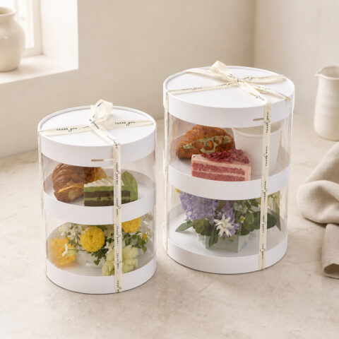 Two round two-level clear display boxes with cakes above flower arrangements and cream Thank you ribbons