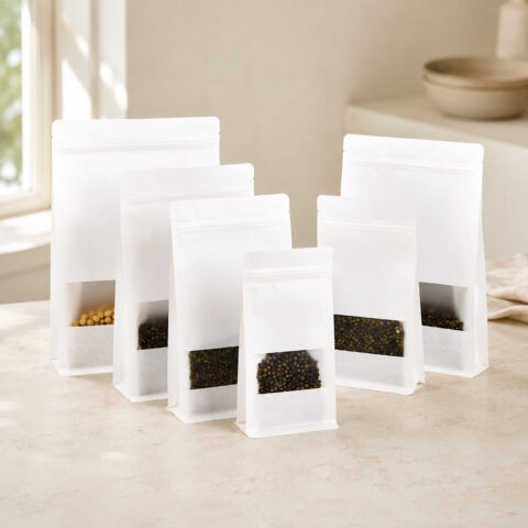 Six white stand-up pouches in different sizes with clear lower windows showing dry beans and grains