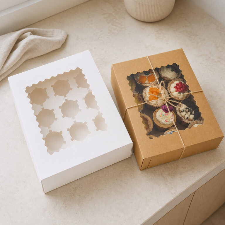White and kraft window cupcake boxes, showing the empty tabbed insert and a twine-tied filled box